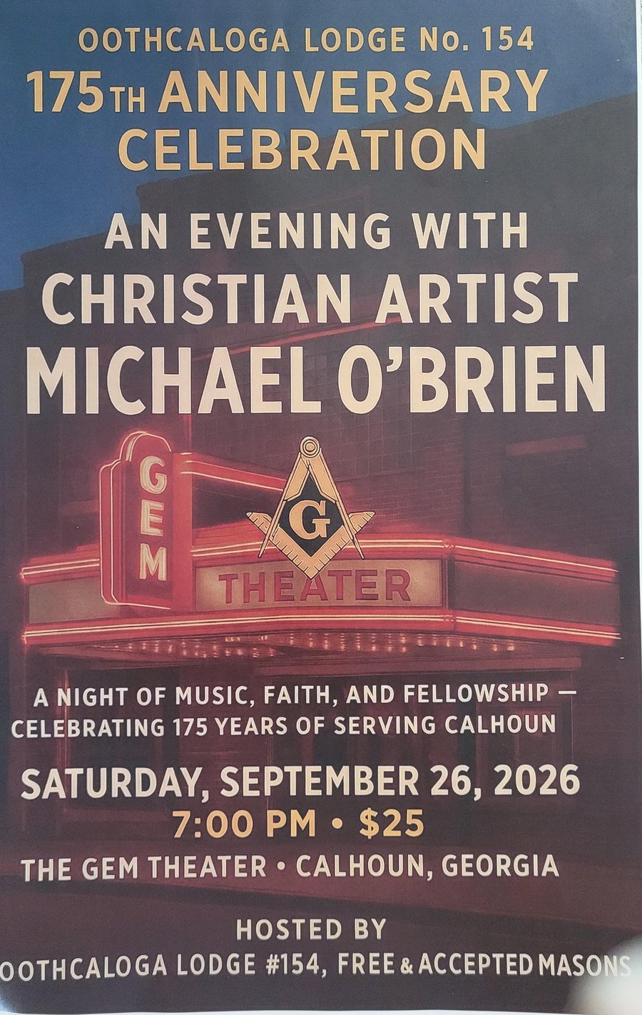 Poster for the Oothcaloga Lodge 175th Anniversary Celebration, September 26, 2026, at the Gem Theater