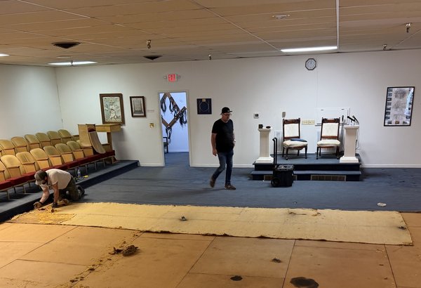 Lodge members working on the Lodge room during the flooring update