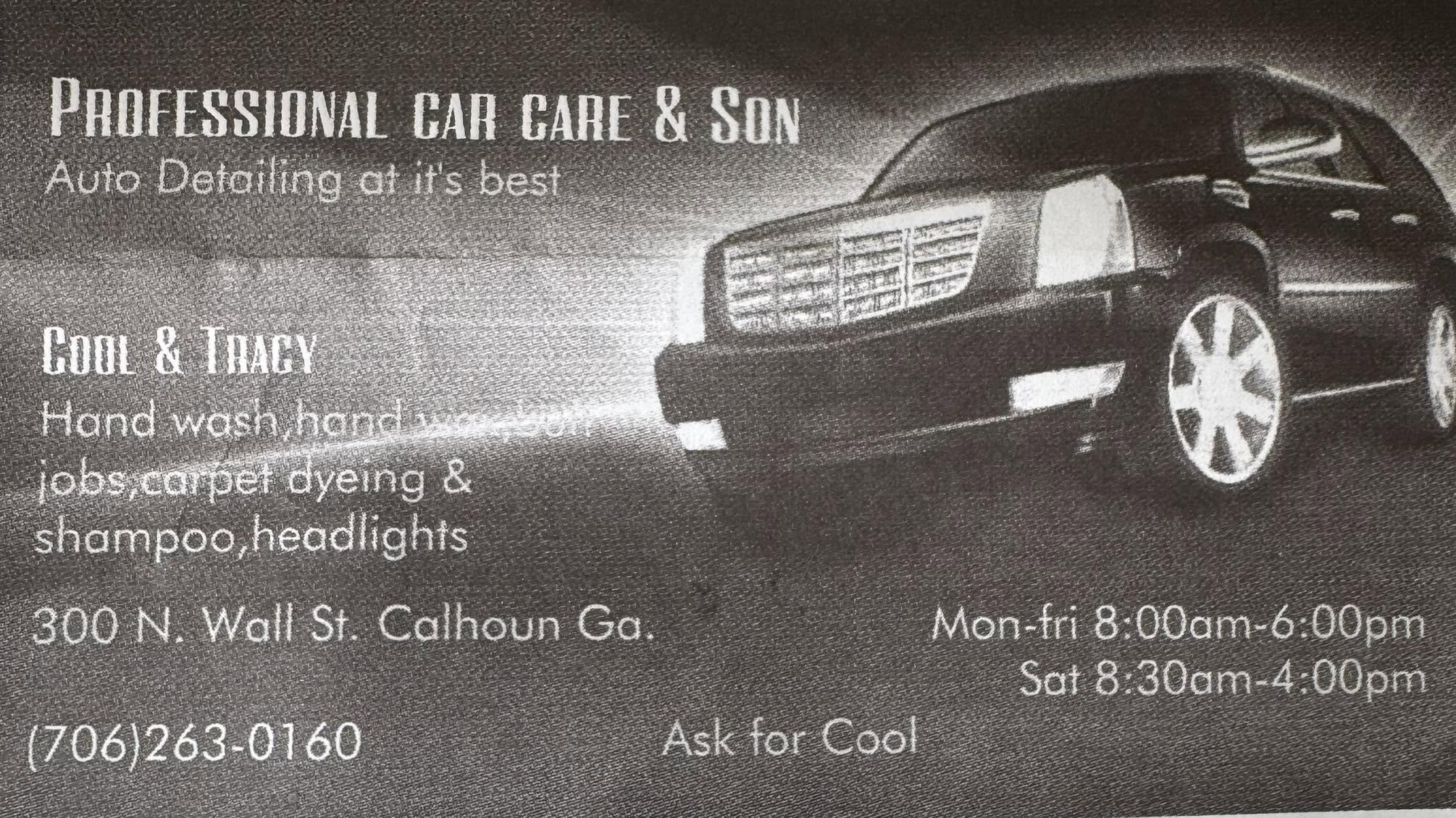 Professional Car Care and Son business card, auto detailing in Calhoun, GA